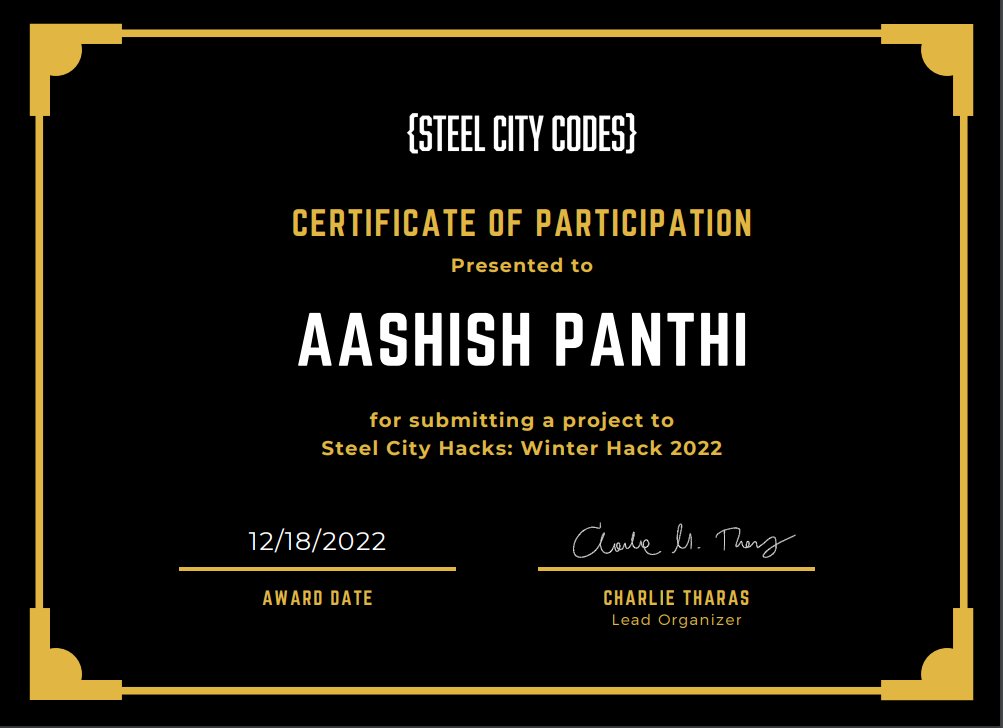 Steel City Hackathon Certificate